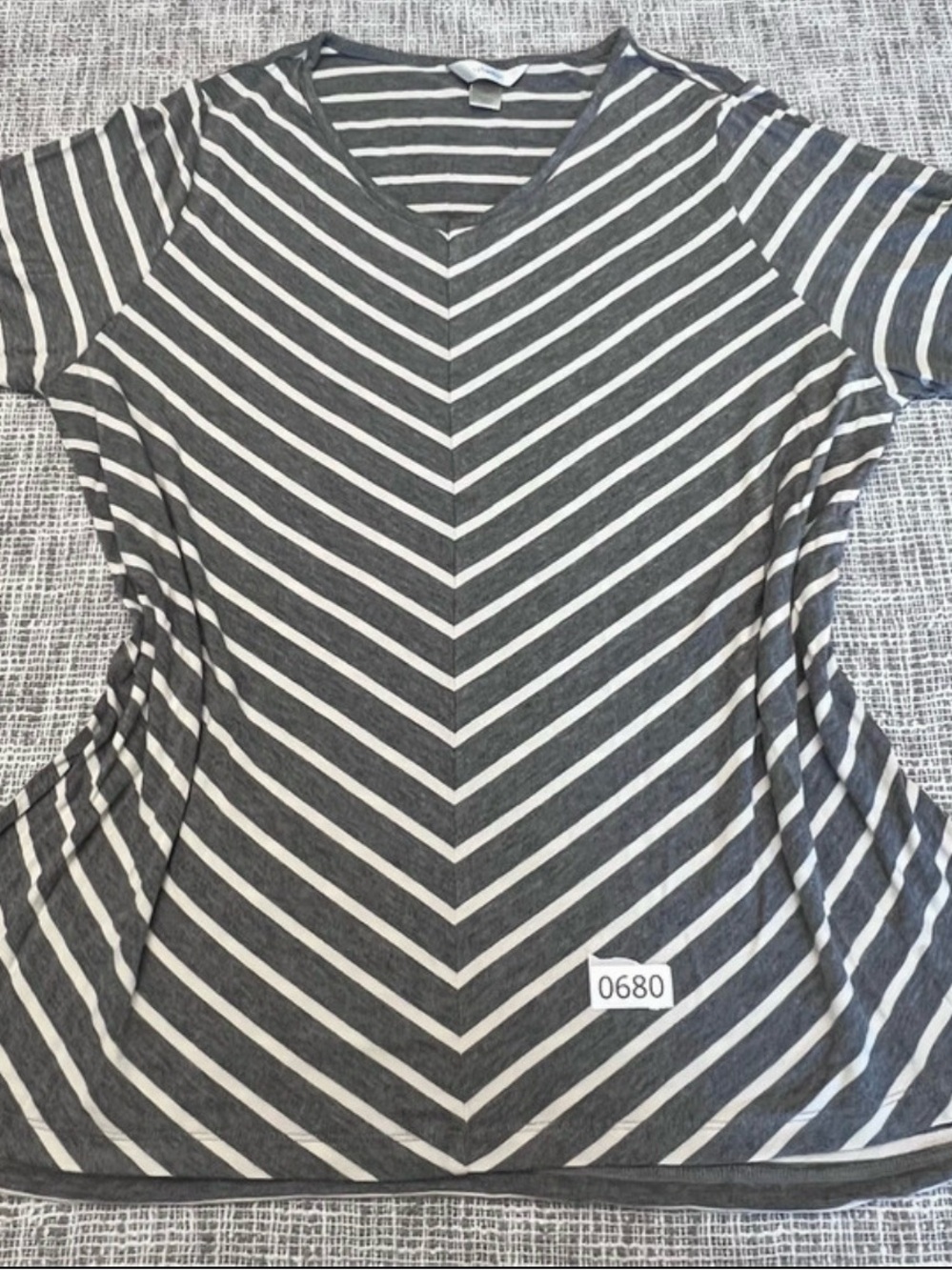 CJ Banks Gray and White V-Neck Striped Short Sleeve Top